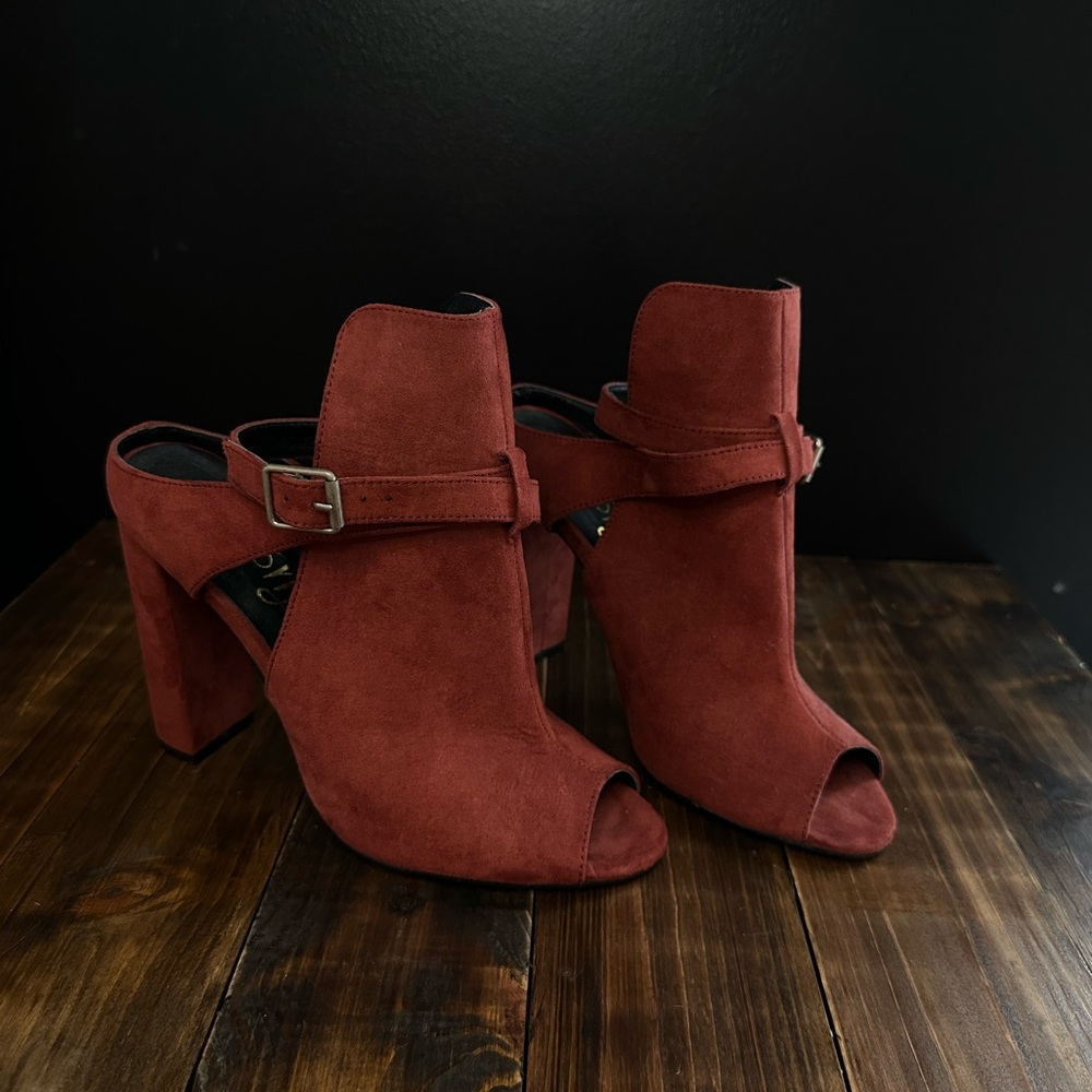 Dark Rust Red Suede Open Toe Bootie - image 1